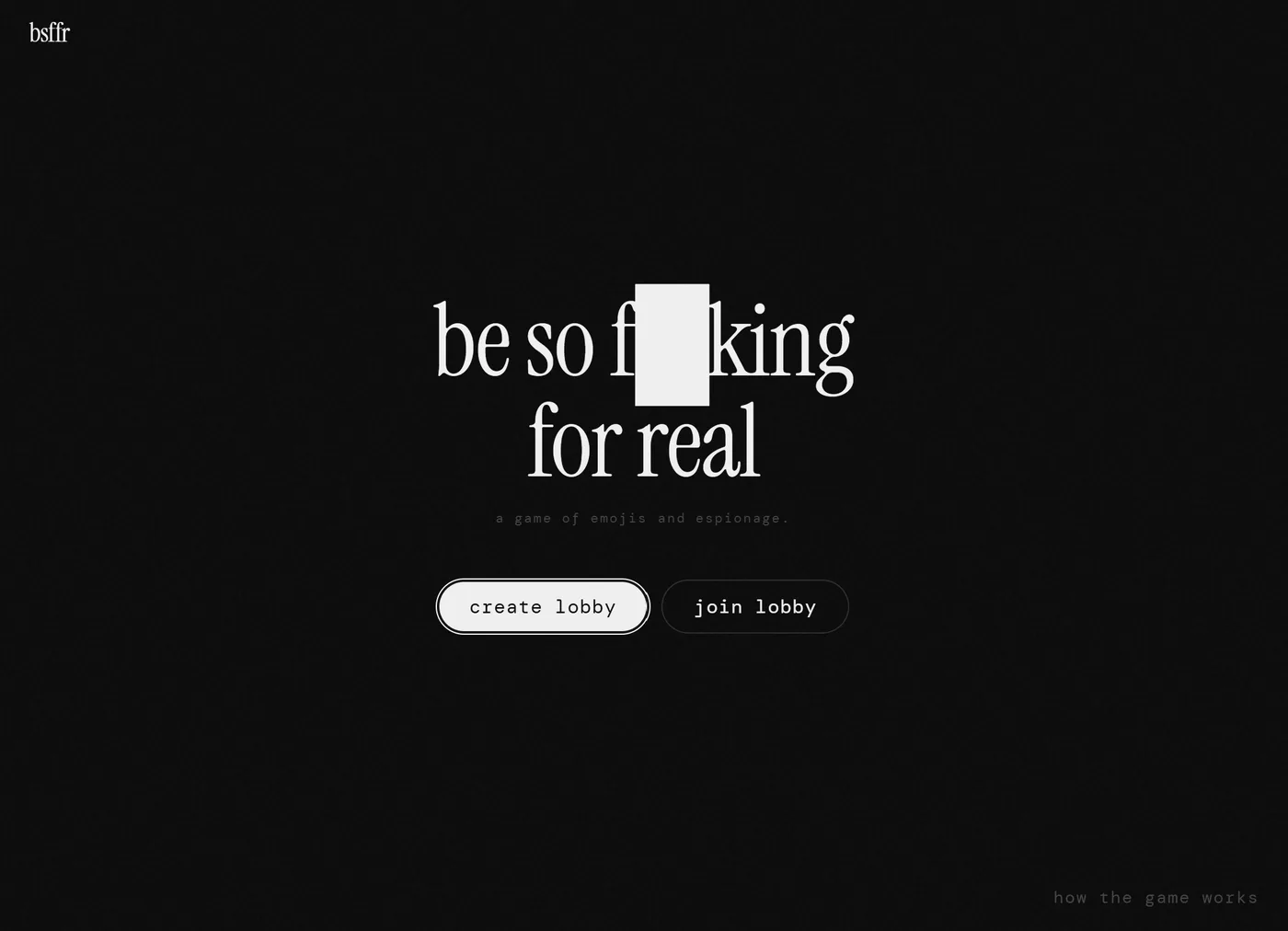 BSFFR title screen, with create lobby and join lobby.