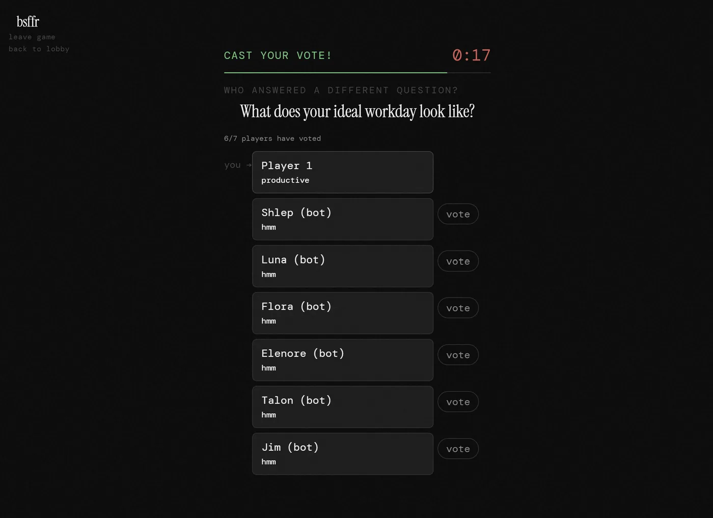 A voting round: one question, every player's one-word answer, and a timer.