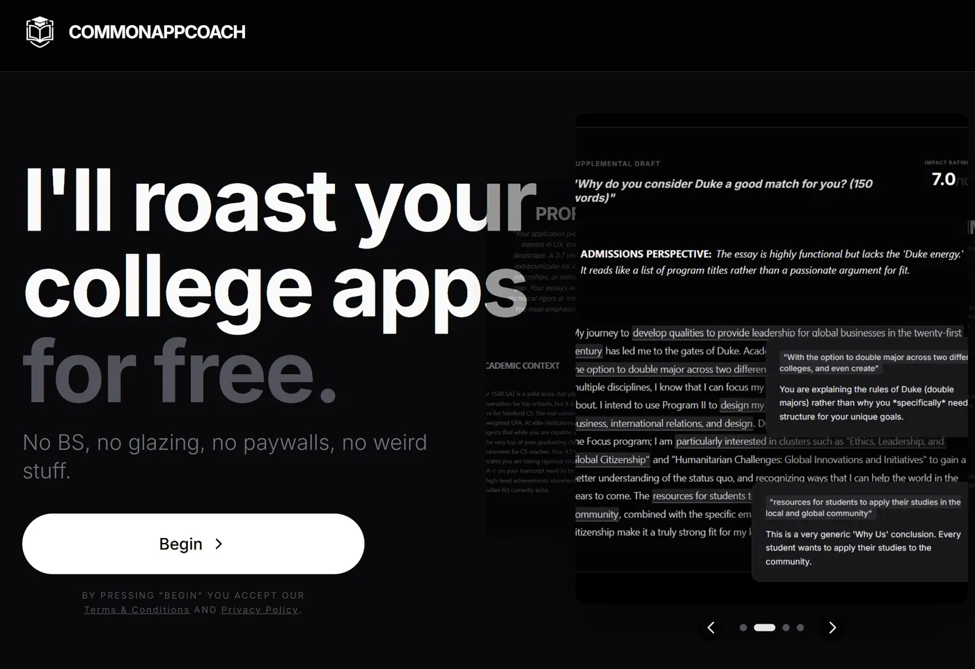 The landing page - "I'll roast your college apps for free" - over a marked-up essay scored 7.0 for impact.