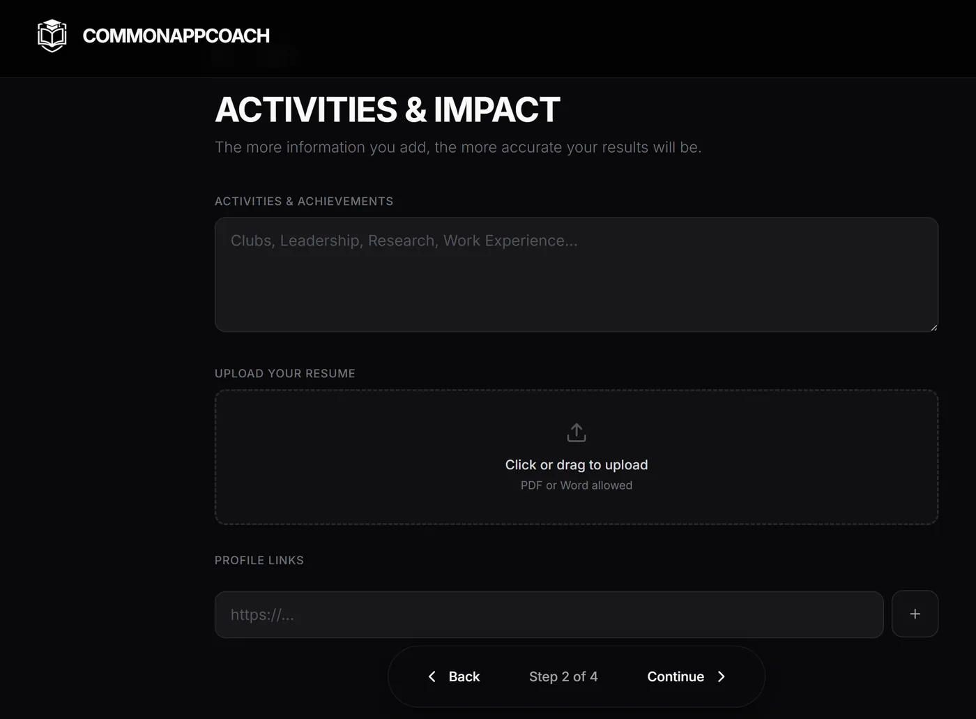 Step two of intake: activities and achievements, a resume drop zone, and profile links.