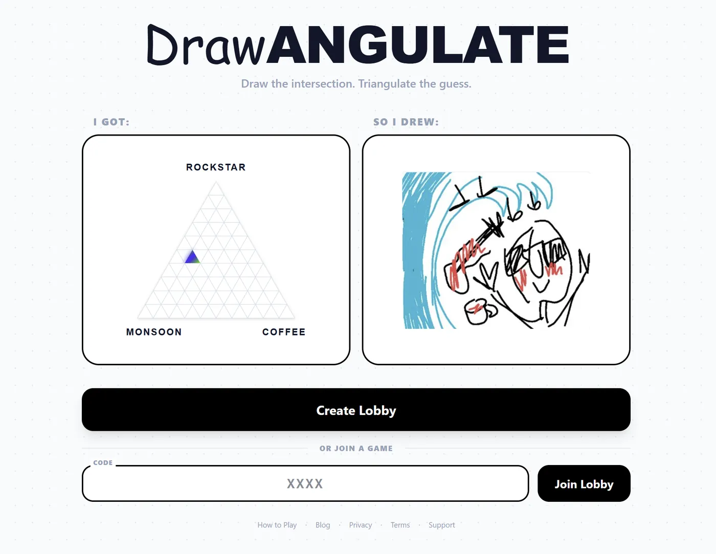 Drawangulate's title screen: a prompt trio, the drawing someone made from it, and a lobby to create or join a game.