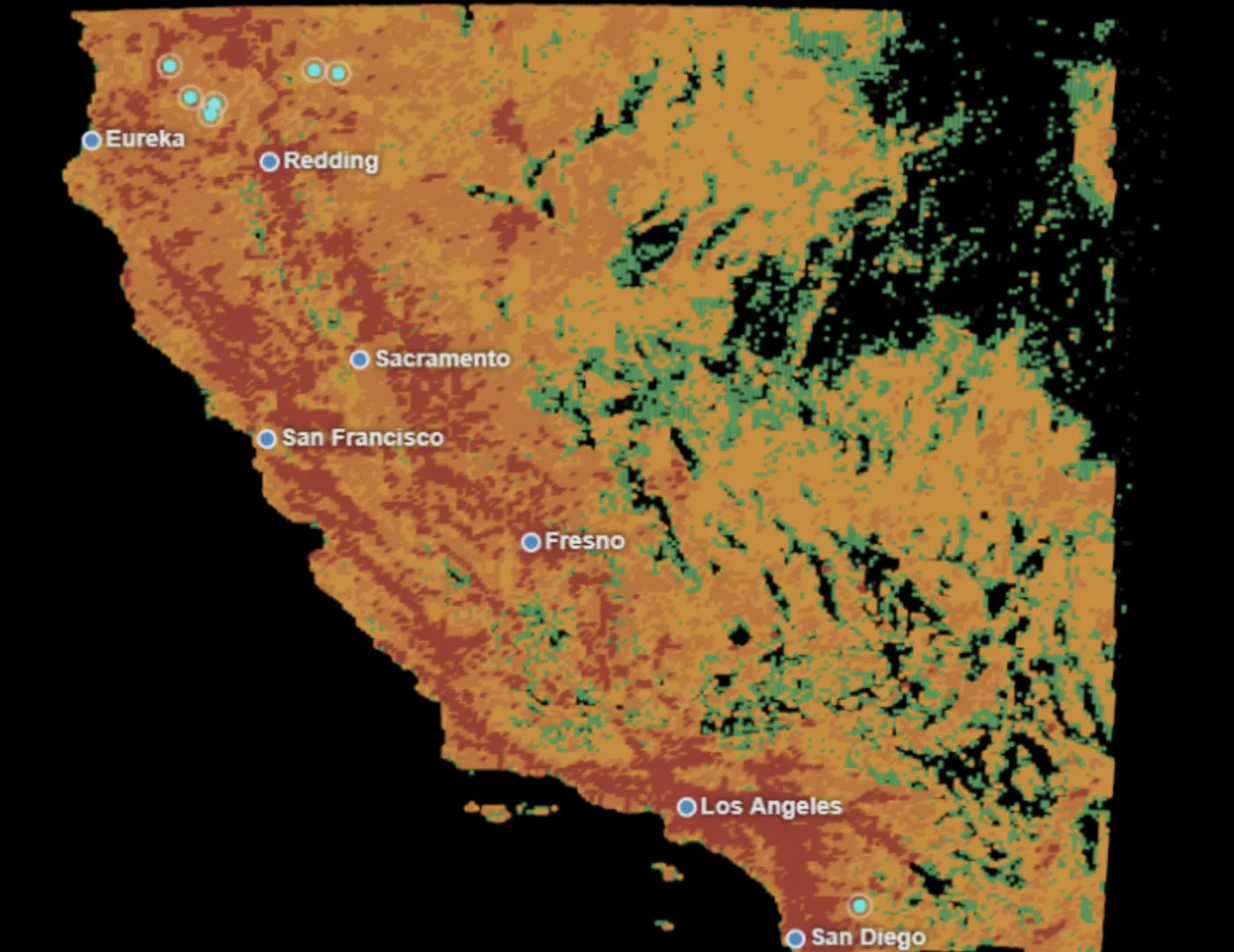 California scored cell by cell in orange, red and green, with active fire markers clustered in the north.