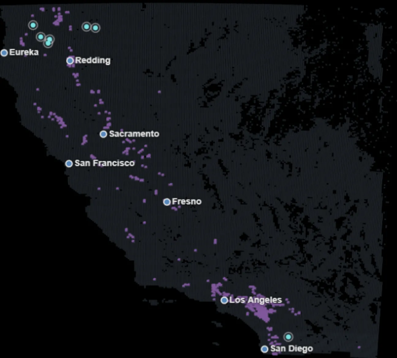 The same map on a darker layer, its purple cells picking out the corridors around Los Angeles and the Bay.