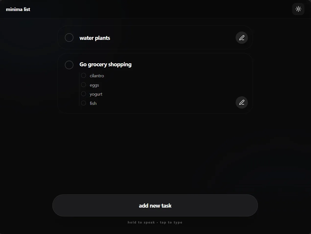 Minima list in dark mode: "water plants" and "Go grocery shopping" with its four subtasks, over an "add new task" button.