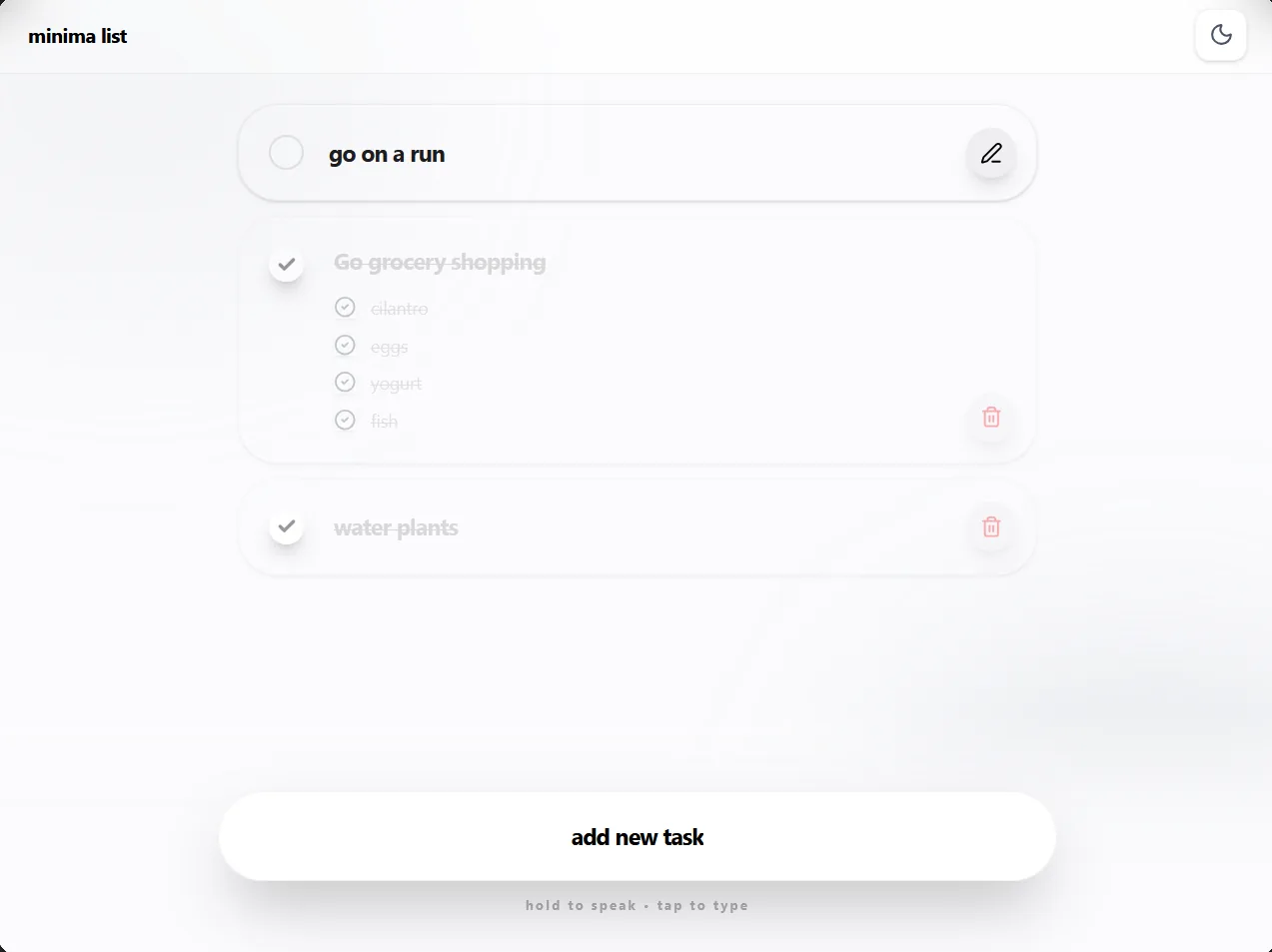 The light theme with yesterday's work checked off and faded, "go on a run" left at the top of the list.