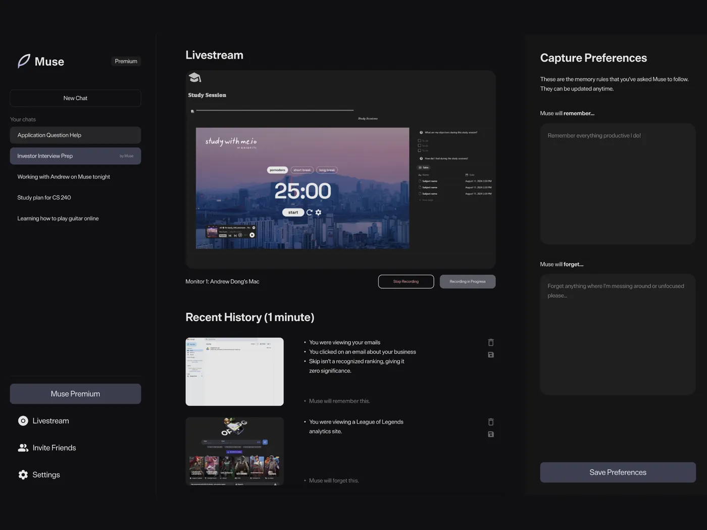 The livestream view: Muse recording a screen and logging what it's noticing in real time.