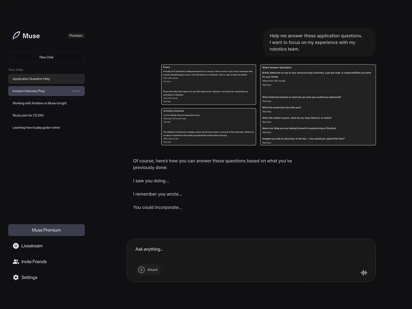 Muse answering application essay questions, drawing on what it watched you write and do earlier.