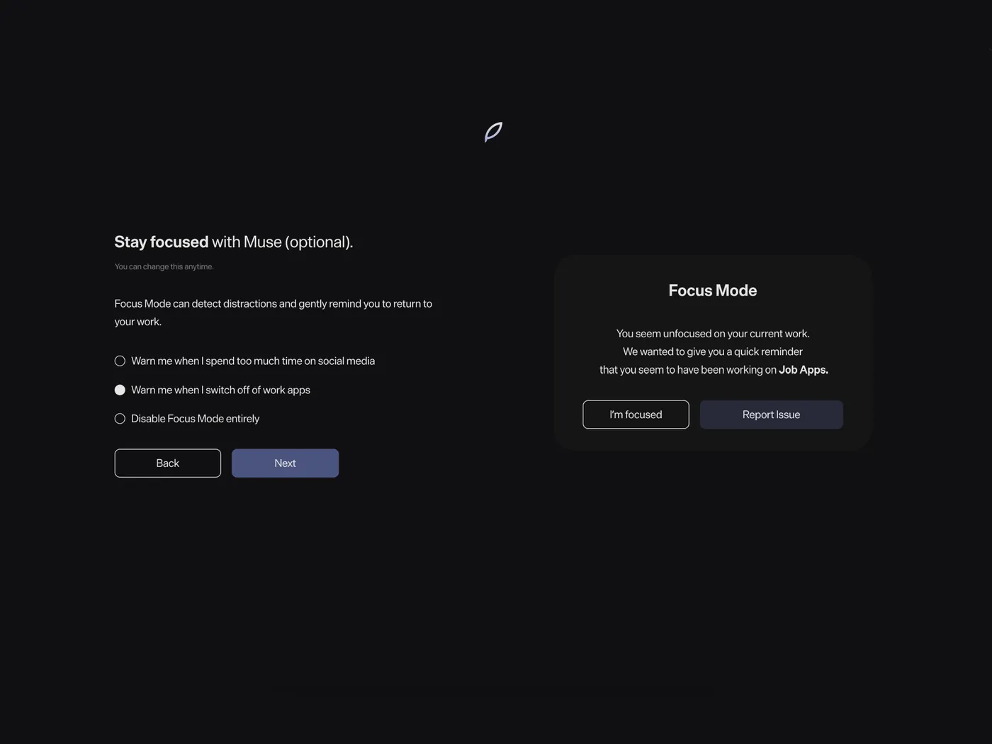 Focus Mode settings next to a nudge Muse sent after noticing the screen had drifted off task.